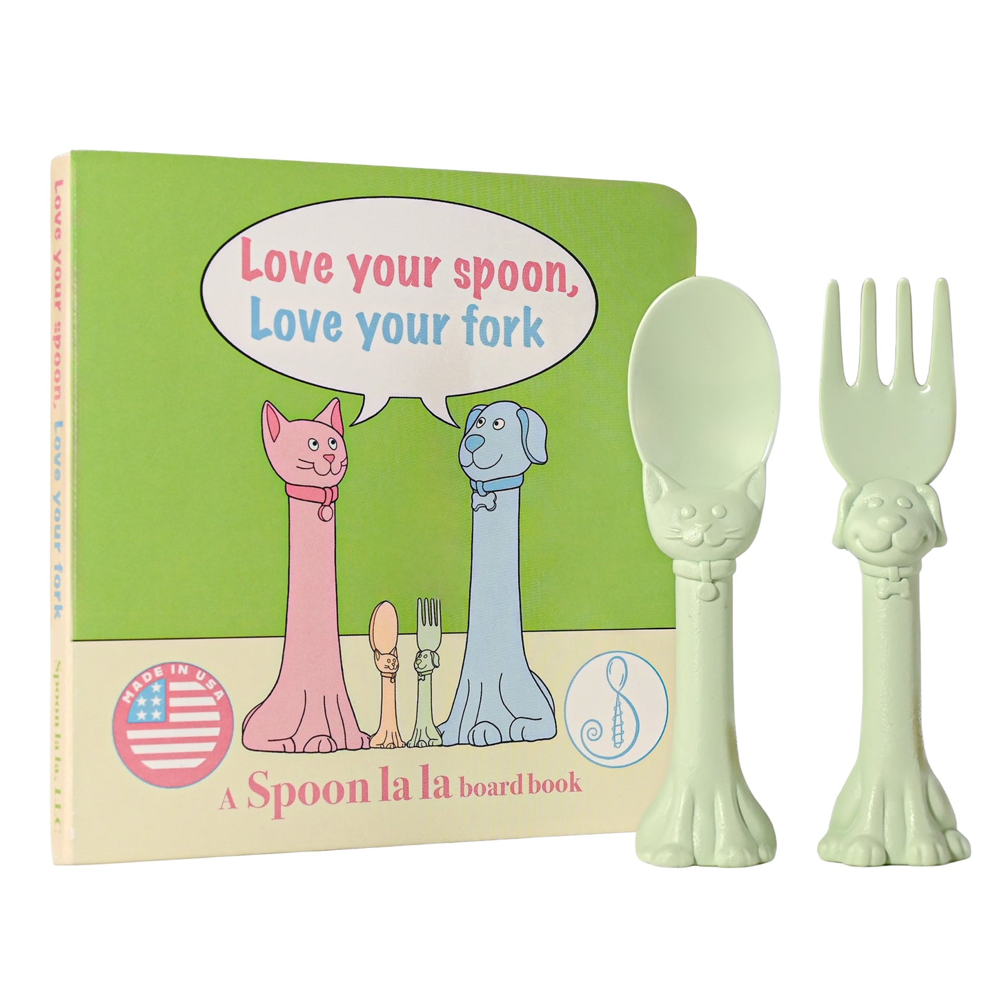 Made in USA Spoon la la Toddler Utensils Set (2 Pack) & Board Book - Spoon & Fork for Kids, Self-Standing 3D Ergonomic Cat & Dog Handles, BPA-free, Dishwasher Safe Baby Silverware (Mint Green)