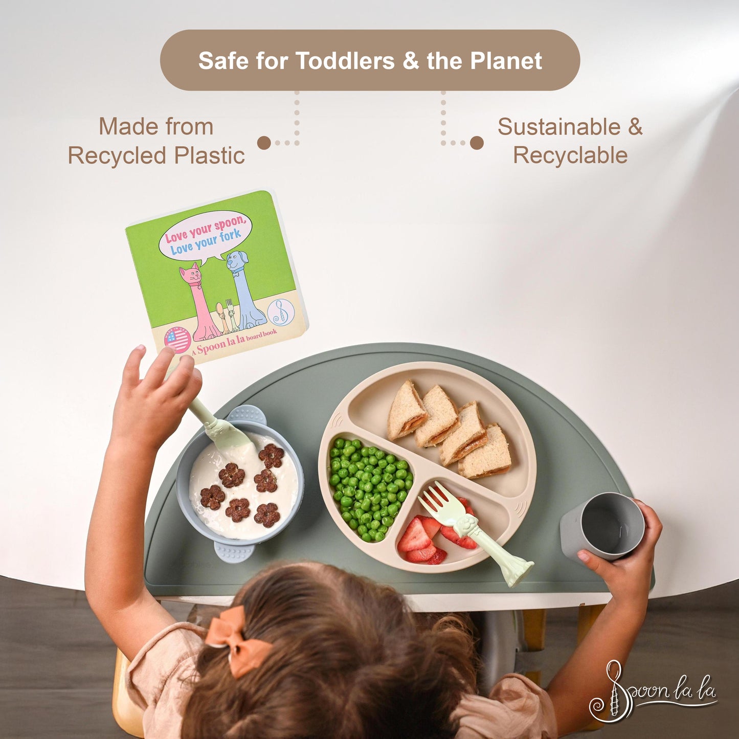 Made in USA Spoon la la Toddler Utensils Set (2 Pack) & Board Book - Spoon & Fork for Kids, Self-Standing 3D Ergonomic Cat & Dog Handles, BPA-free, Dishwasher Safe Baby Silverware (Mint Green)